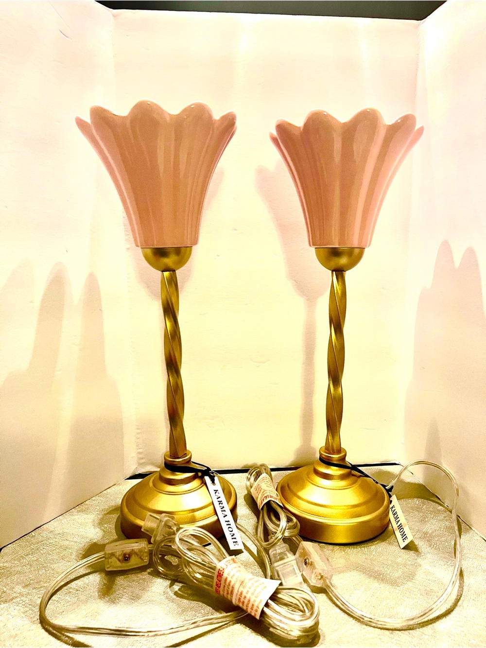NEW KARMA HOME Set 2 Pink Tulip ceramic Gold Base lamps Viral TikTok 15" Tall